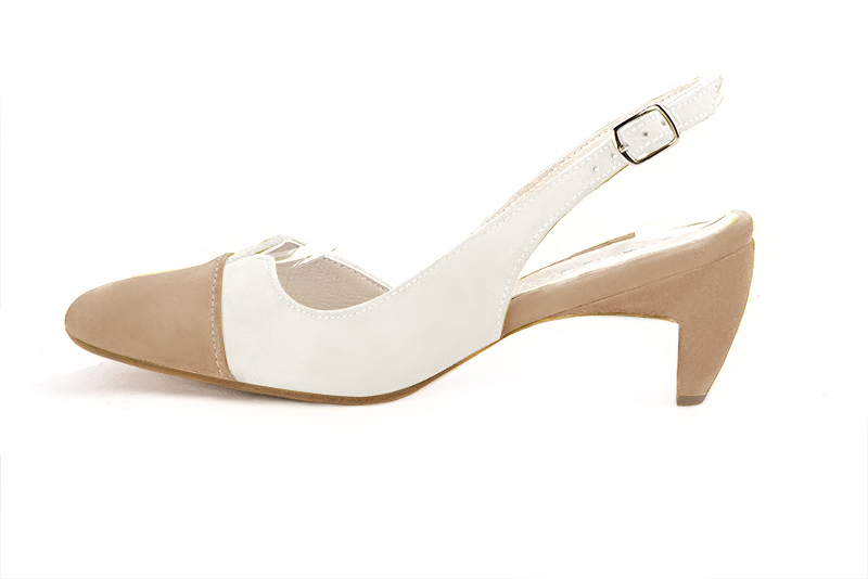 Tan beige and off white women's slingback shoes. Round toe. Medium comma heels. Profile view - Florence KOOIJMAN